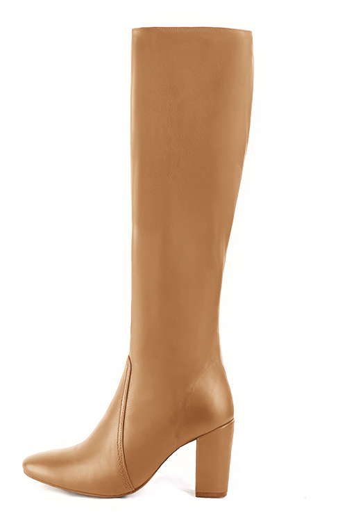 Camel beige women's feminine knee-high boots. Round toe. High block heels. Made to measure. Profile view - Florence KOOIJMAN